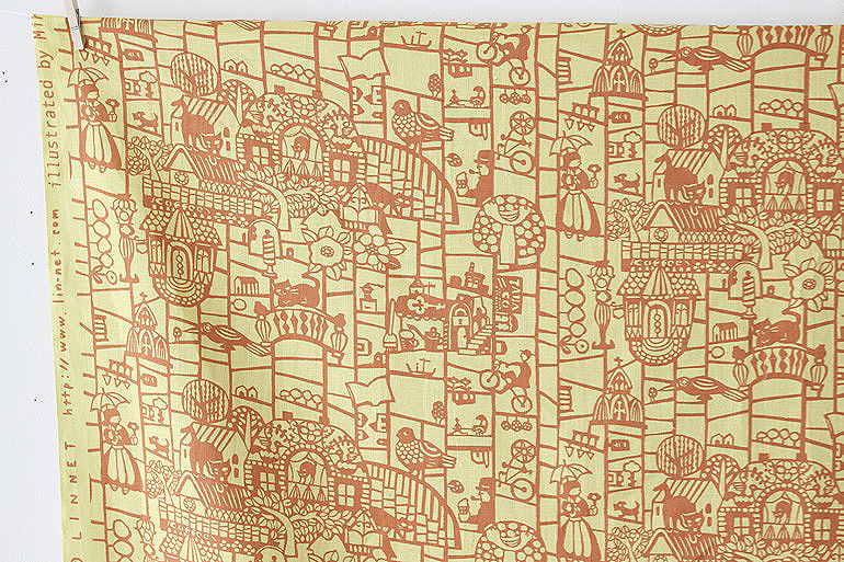 LINNETリネンプリント あみだくじ きはだ色×朱赤